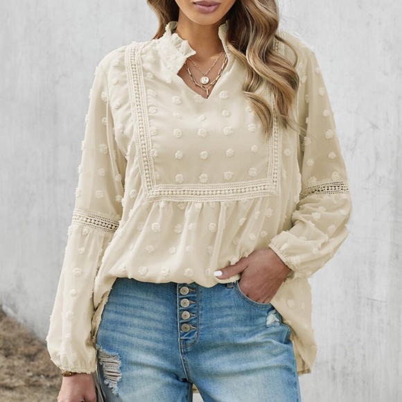 boho Swiss Dot Notched Neck Summer Top White - Picture 7 of 7